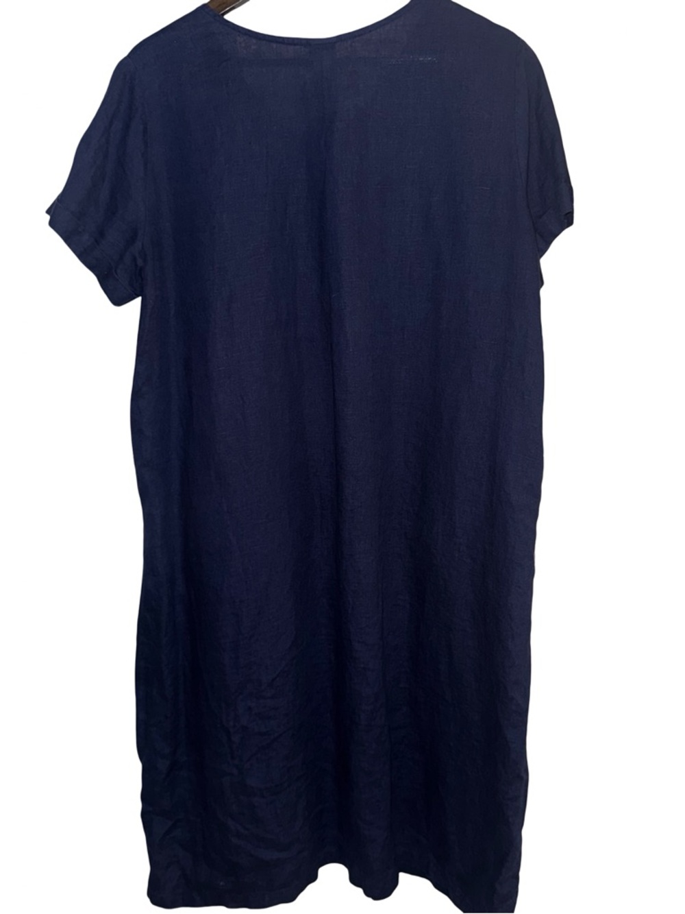 Lintico Medium Navy Blue Linen Midi Dress Short Sleeve V Neck Pocket Minimalist - Picture 3 of 5